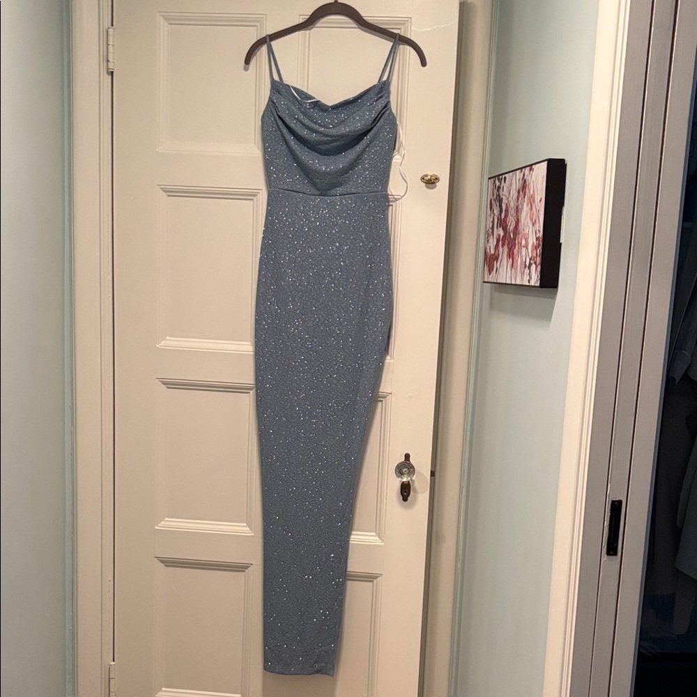 Windsor Sparkle Cowl Neck Evening Dress in Sea Foam Blue. NWT.